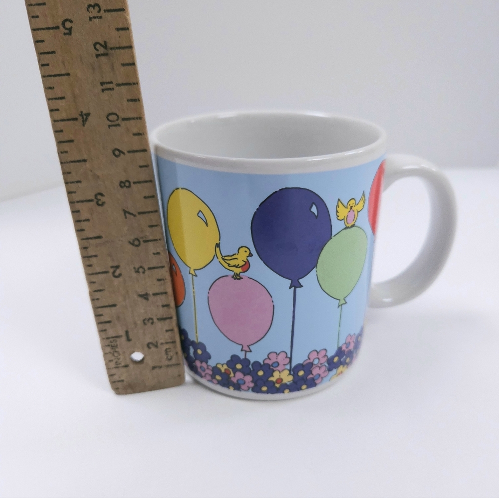 Russ Berrie Vintage Happy Birthday Mug Balloons Flowers Birds 14oz Cup Ceramic - Picture 9 of 10